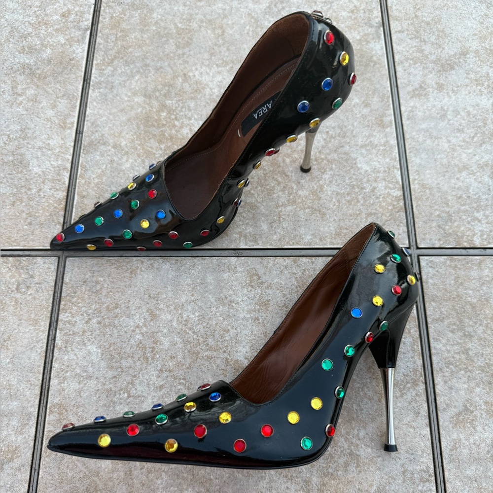 AREA Black Patent Leather Clear Jeweled Pointed Toe Pumps - Picture 6 of 16